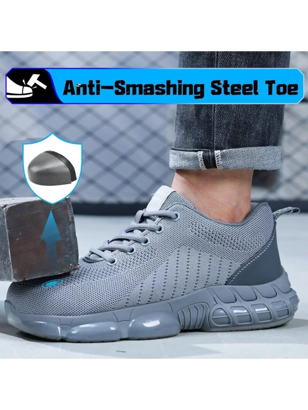 Men's Grey Resistant Midsole Shoes Low Top Steel Toe Non Slip Hiking Boots
